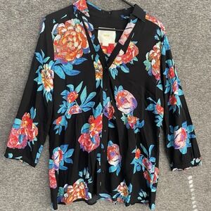 Maeve Anthropologie Woodland Walk Black Multi Floral Button Down Blouse Size‎ 12